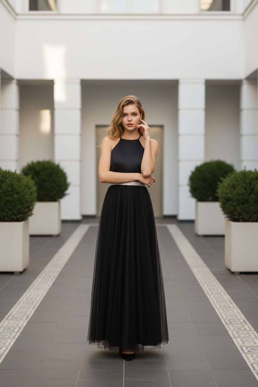 Classic black formal dress for evening occasions.