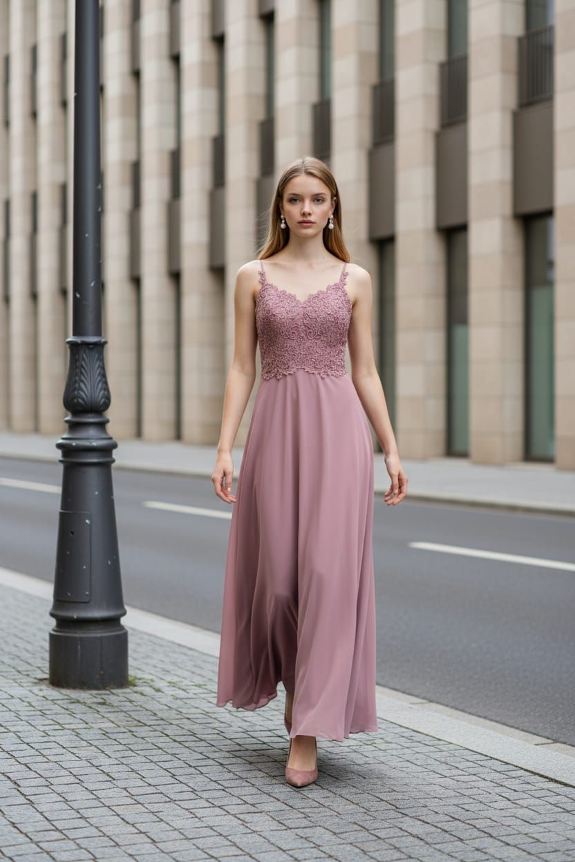 Frau im rosa Abiballkleid posiert im Freien auf der Straße.