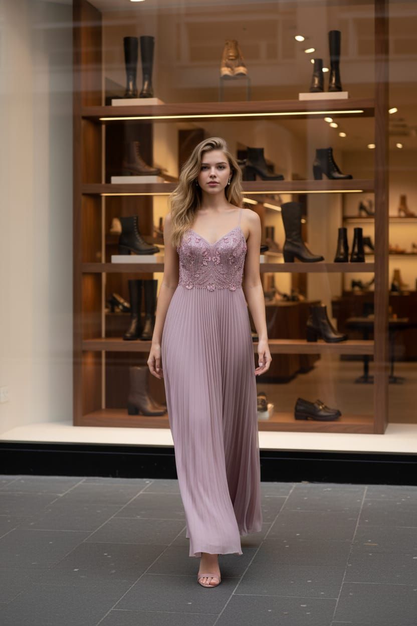 Frau im altrosa Plisseekleid posiert vor einem Ladengeschäft im Freien. 