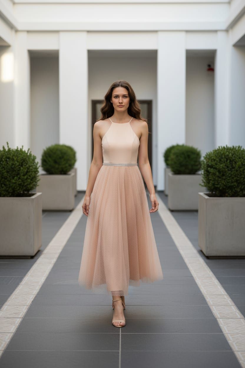 Frau in aprico Tüllkleid posiert in einer edlen Hotellobby. 