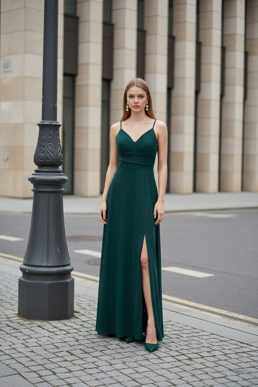 Frau im grünen Abendkleid posiert neben griechischen Säulen in einer schattigen Umgebung.