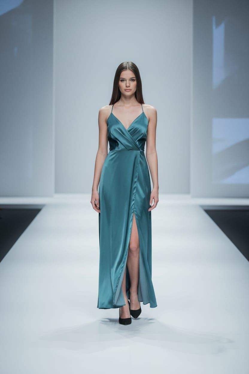 Frau im Satin-Abendkleid auf einer Fashion Show. 