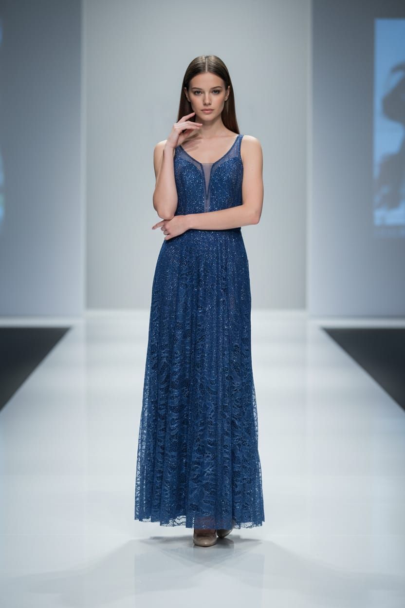 Blue lace prom dress for formal events.