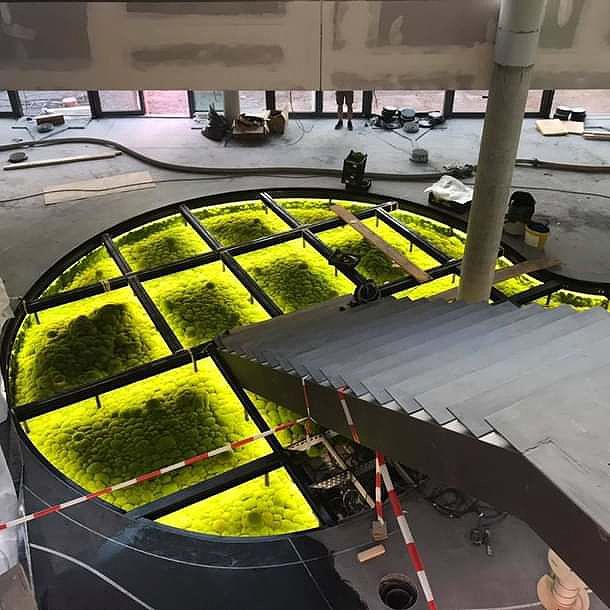 Eine Luftaufnahme eines im Bau befindlichen Gebäudes mit einer großen kreisförmigen Fläche voller grünem Gras