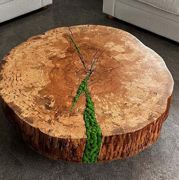 Ein runder Holztisch mit Moos darauf in einem Wohnzimmer.