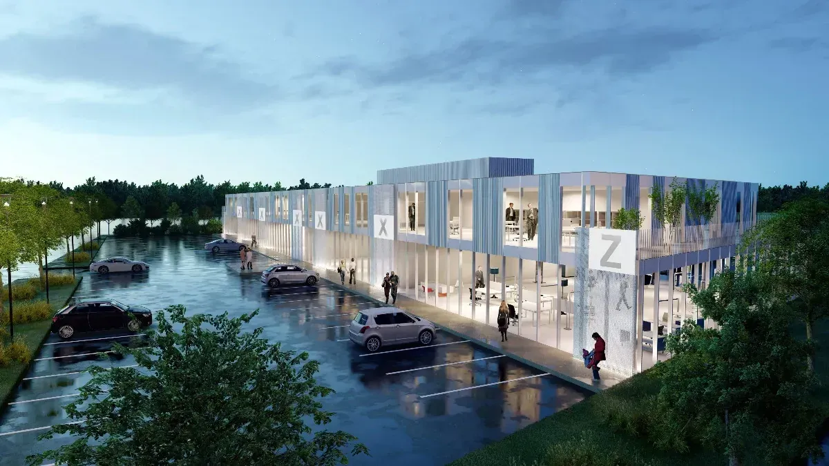 Illustration 3D de gens qui marchent sur un parking devant un grand bâtiment