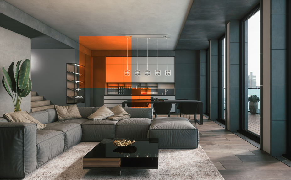 Une pièce de vie avec du mobilier dans une maison neuve