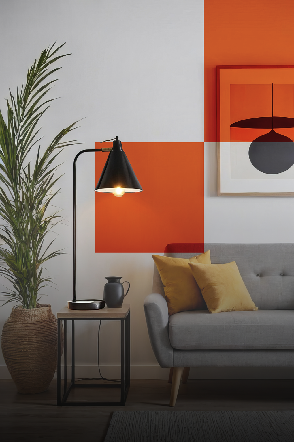 Pièce de vie avec une lampe et un canapé gris