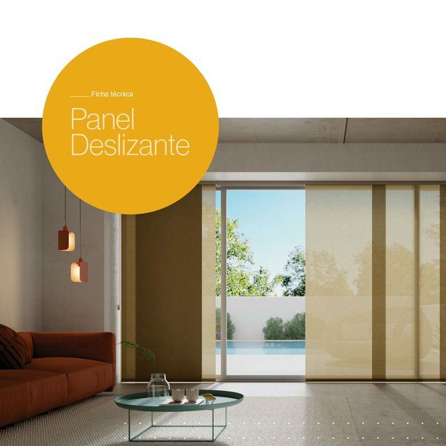 Una sala con una puerta corrediza de vidrio y un círculo amarillo que dice panel deslizante.
