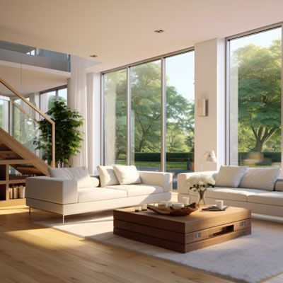 Un salon avec deux canapés et une table basse