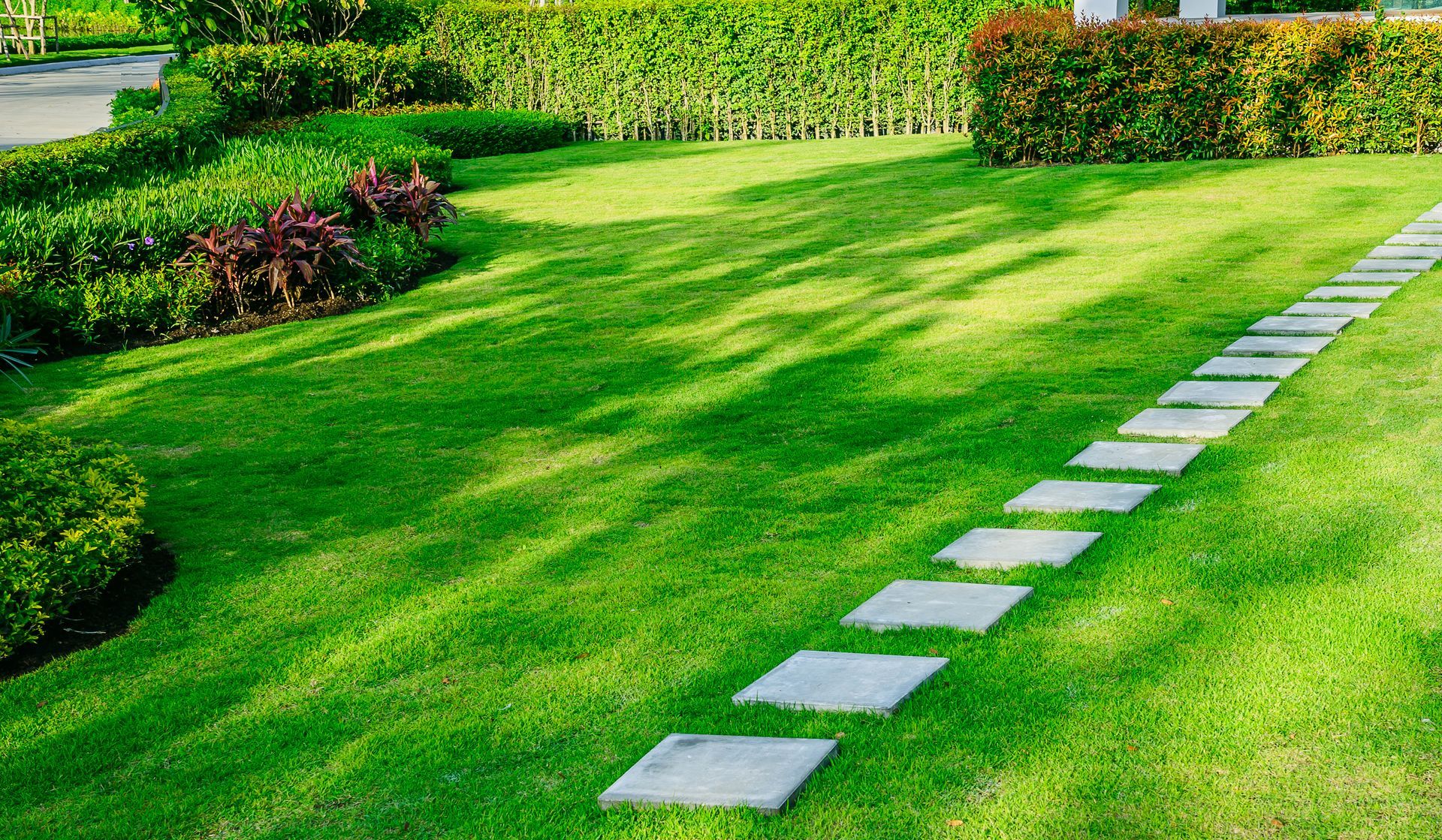 ein Steinweg führt durch einen grünen Rasen