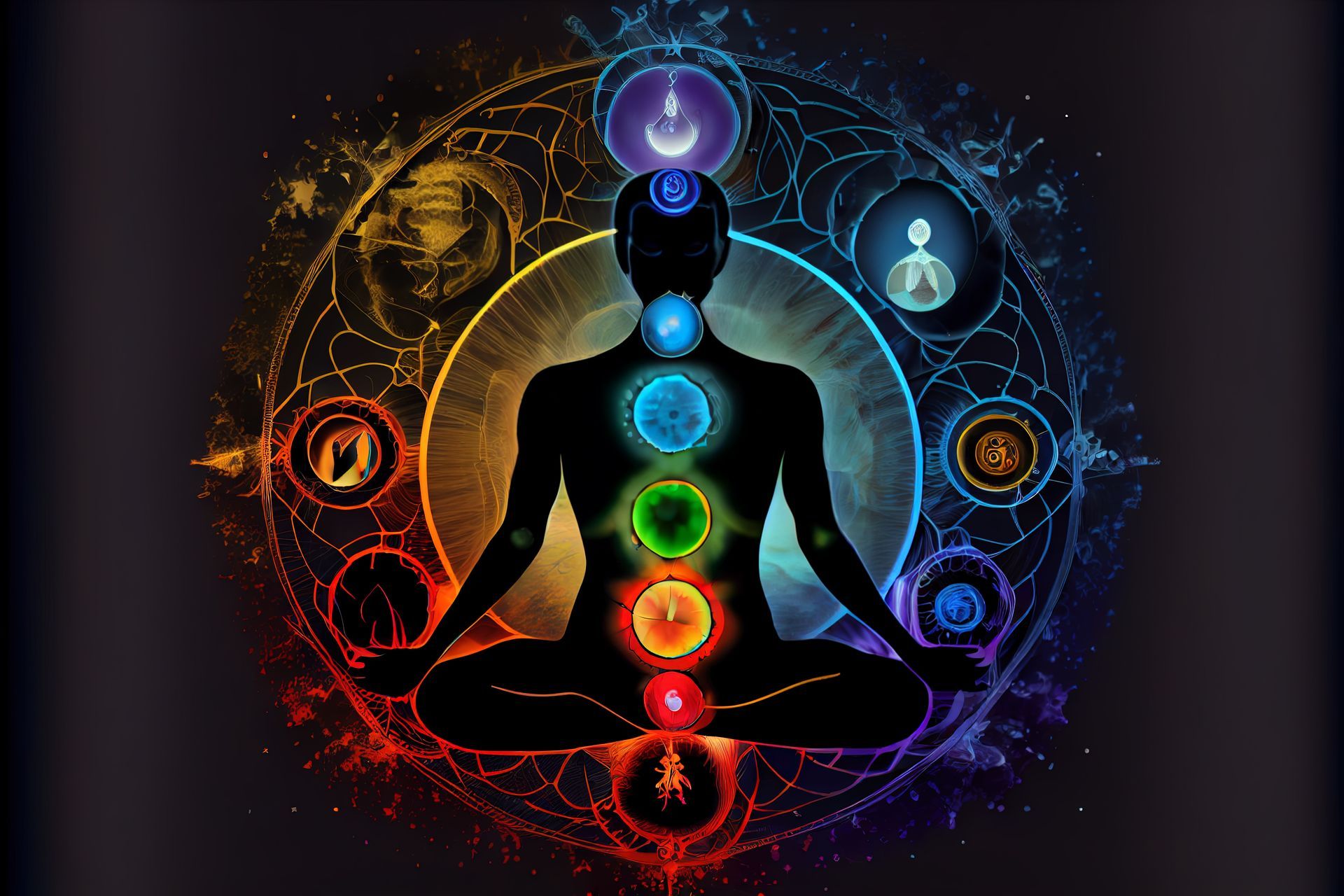 Silhouette d'une personne en méditation, les chakras colorés alignés ; un motif circulaire complexe l'entoure.