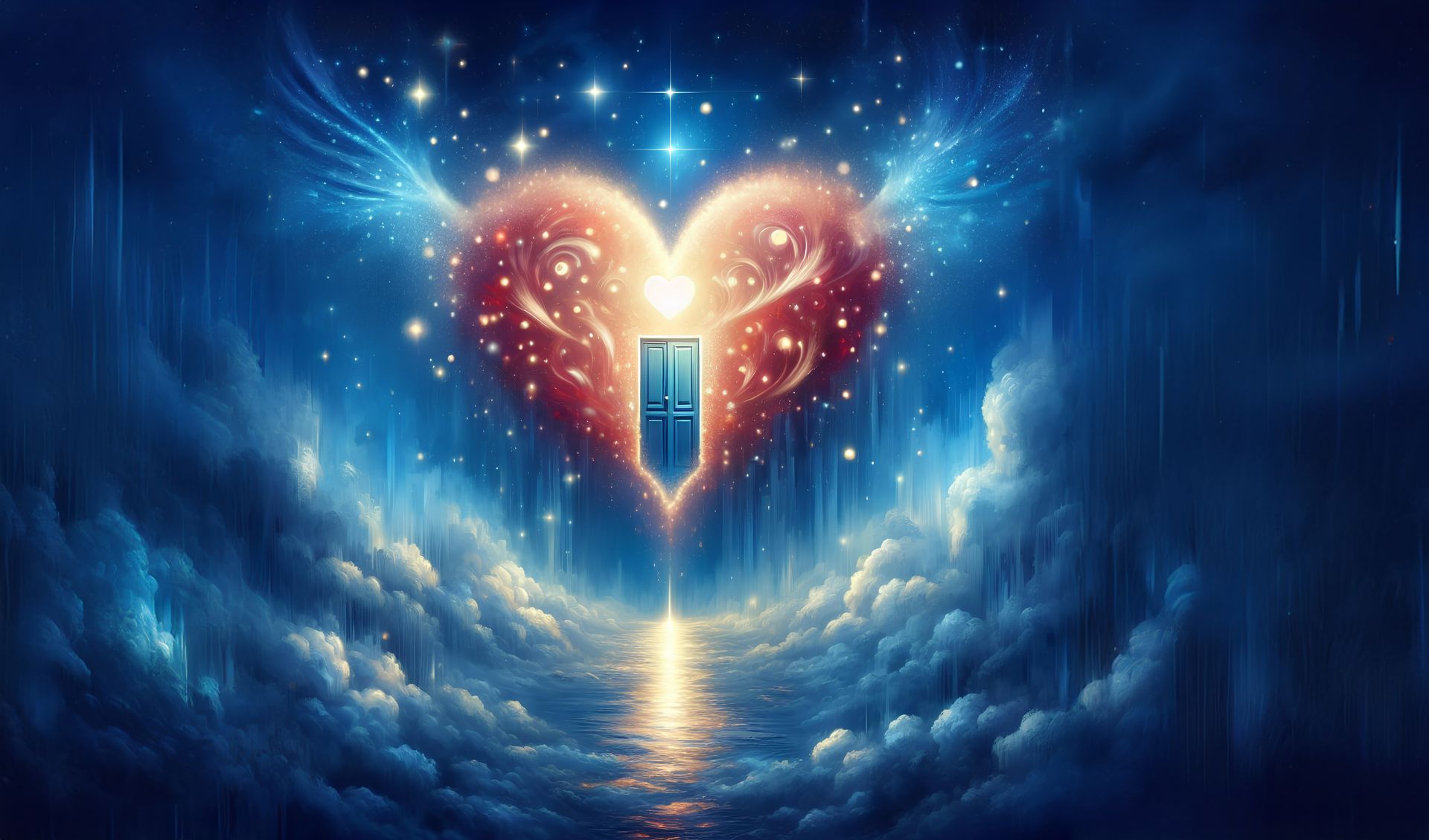 Un cœur lumineux avec des ailes et une porte, entouré de nuages ​​et d'étoiles dans un décor bleu éthéré.
