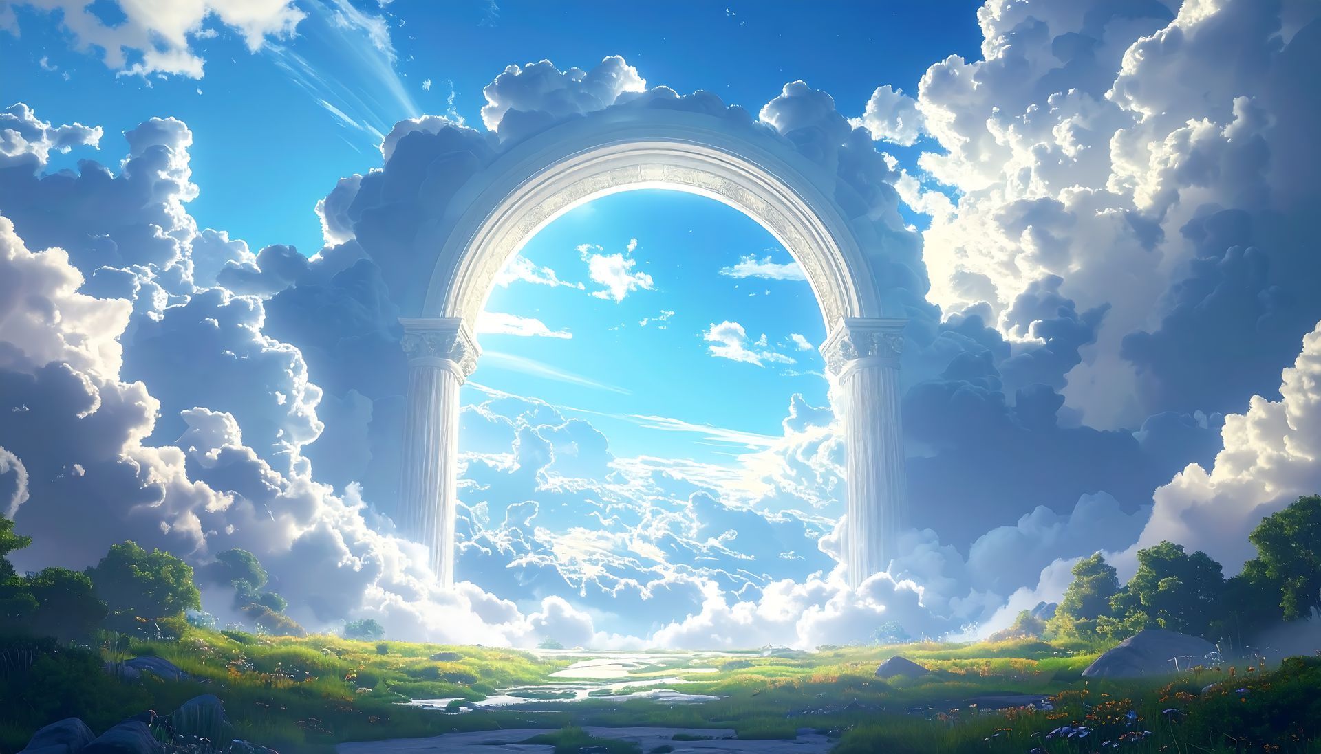 Arche de lumière dans un ciel bleu, encadrée par des nuages ​​duveteux et un paysage verdoyant.