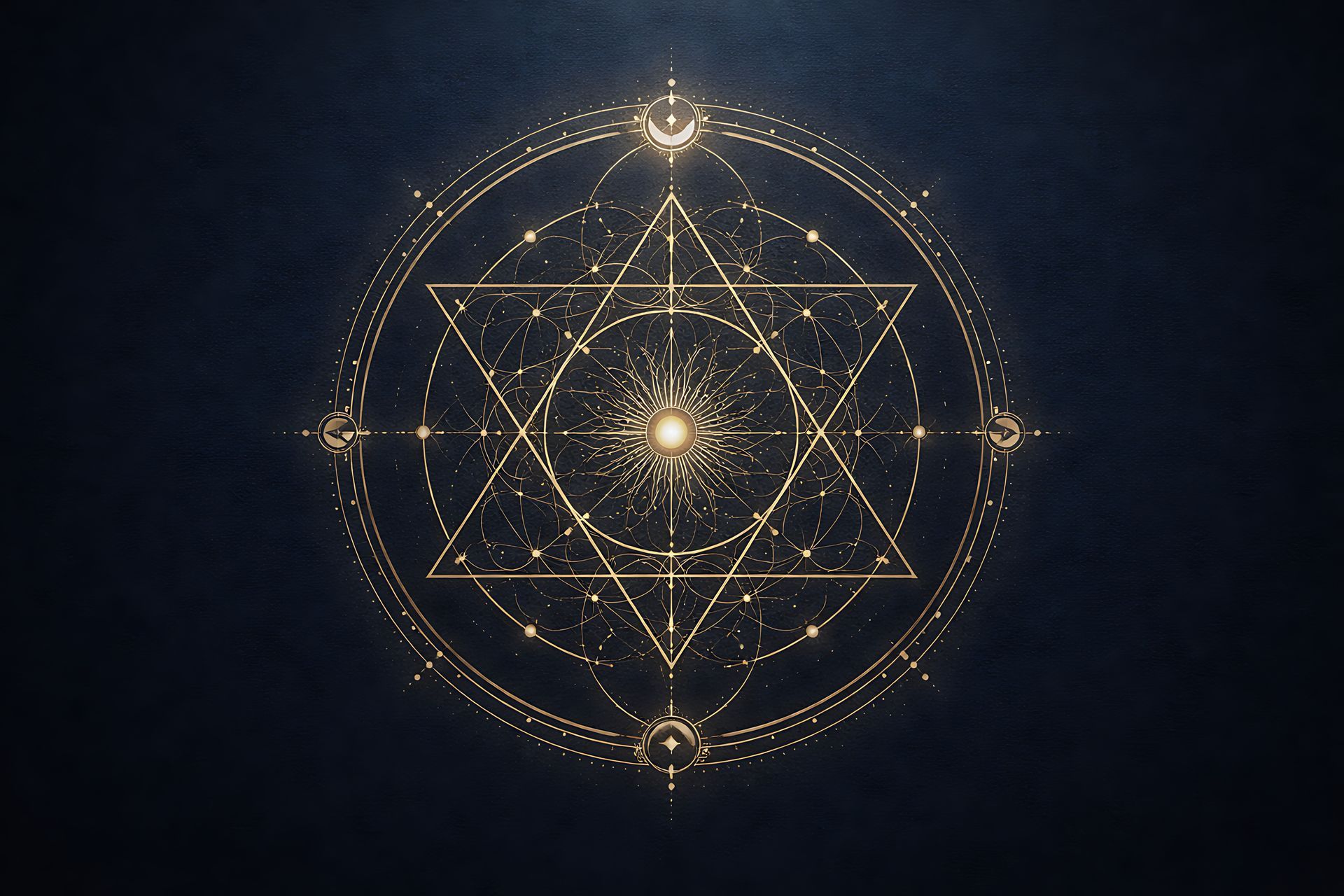 Motif géométrique doré avec étoiles et lignes sur fond bleu foncé.