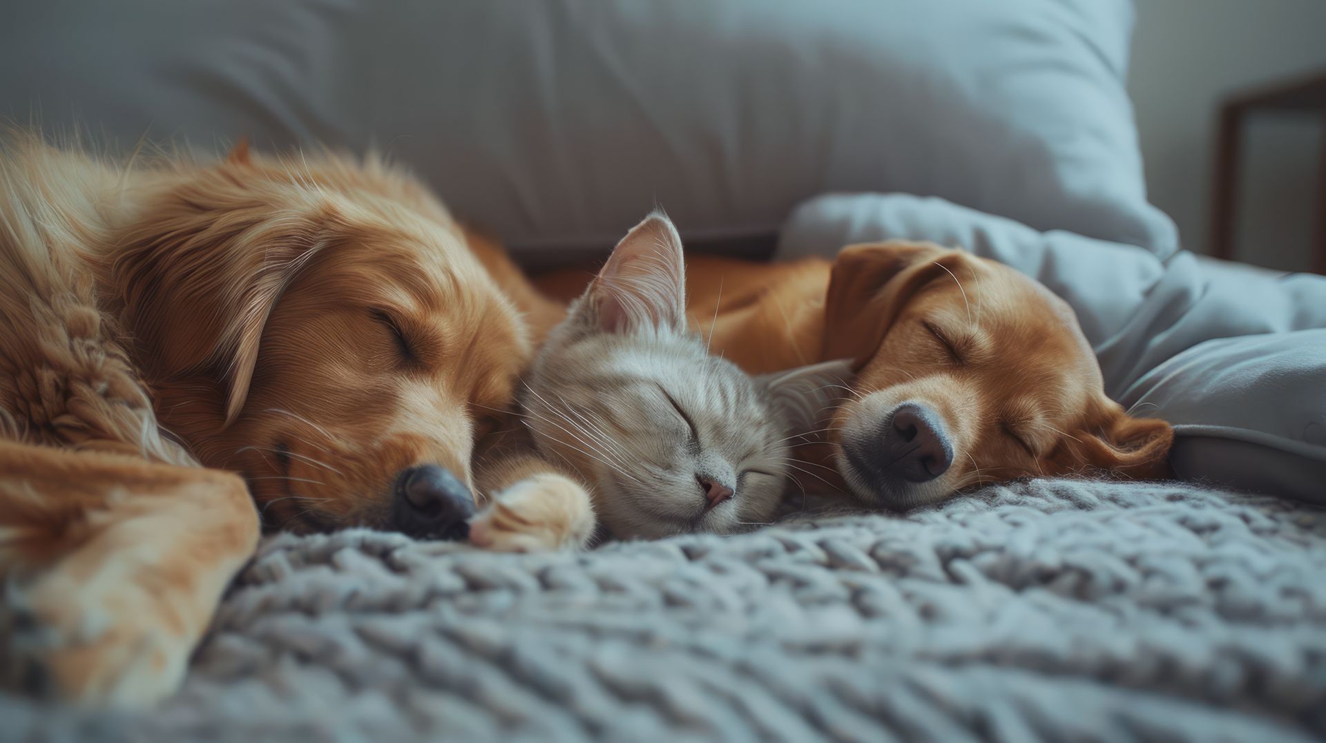 Un golden retriever et un chat tigré dorment blottis l'un contre l'autre sur un lit.