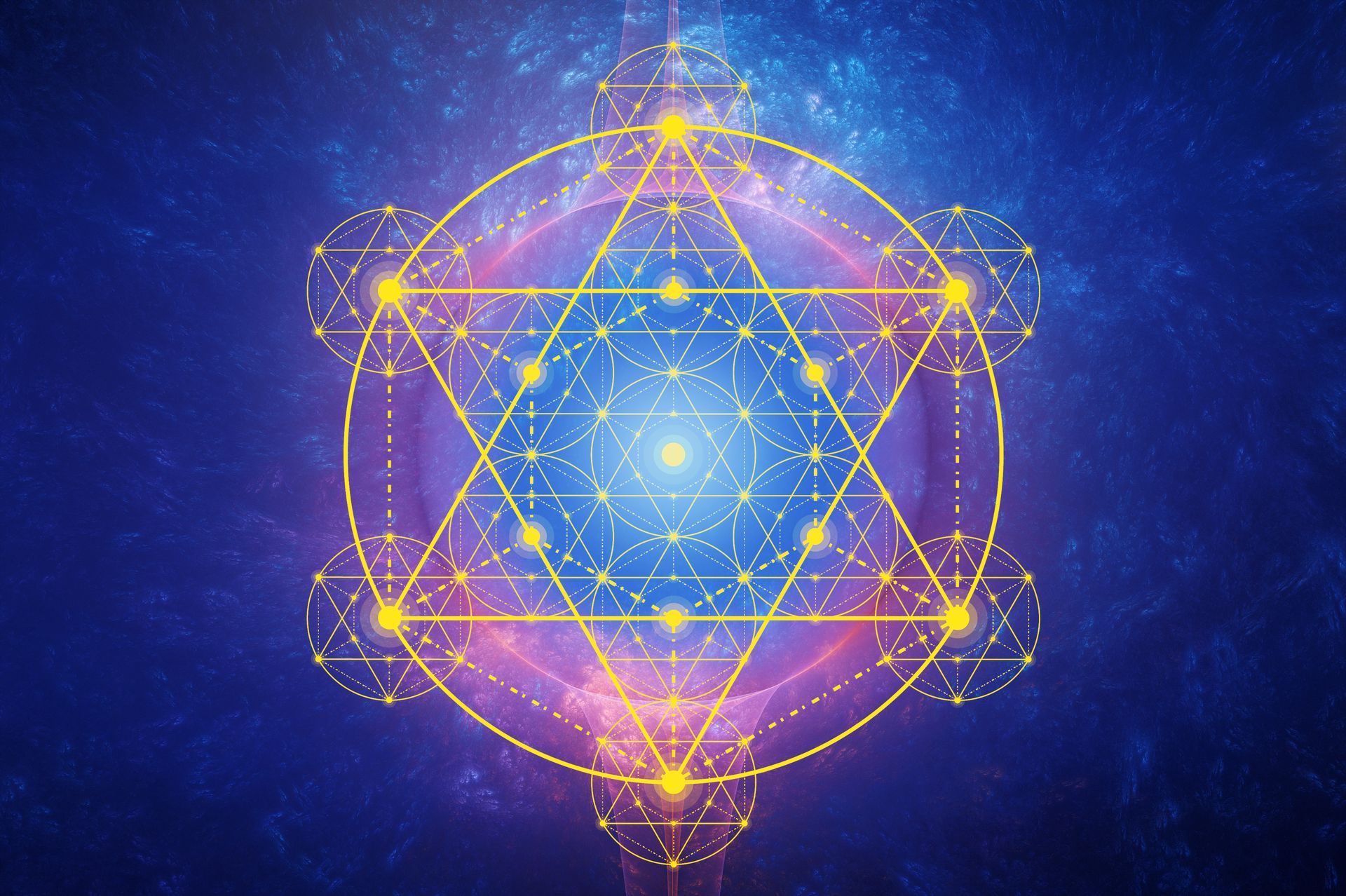 Cube de Métatron géométrique avec des lignes jaunes sur un fond bleu et violet.