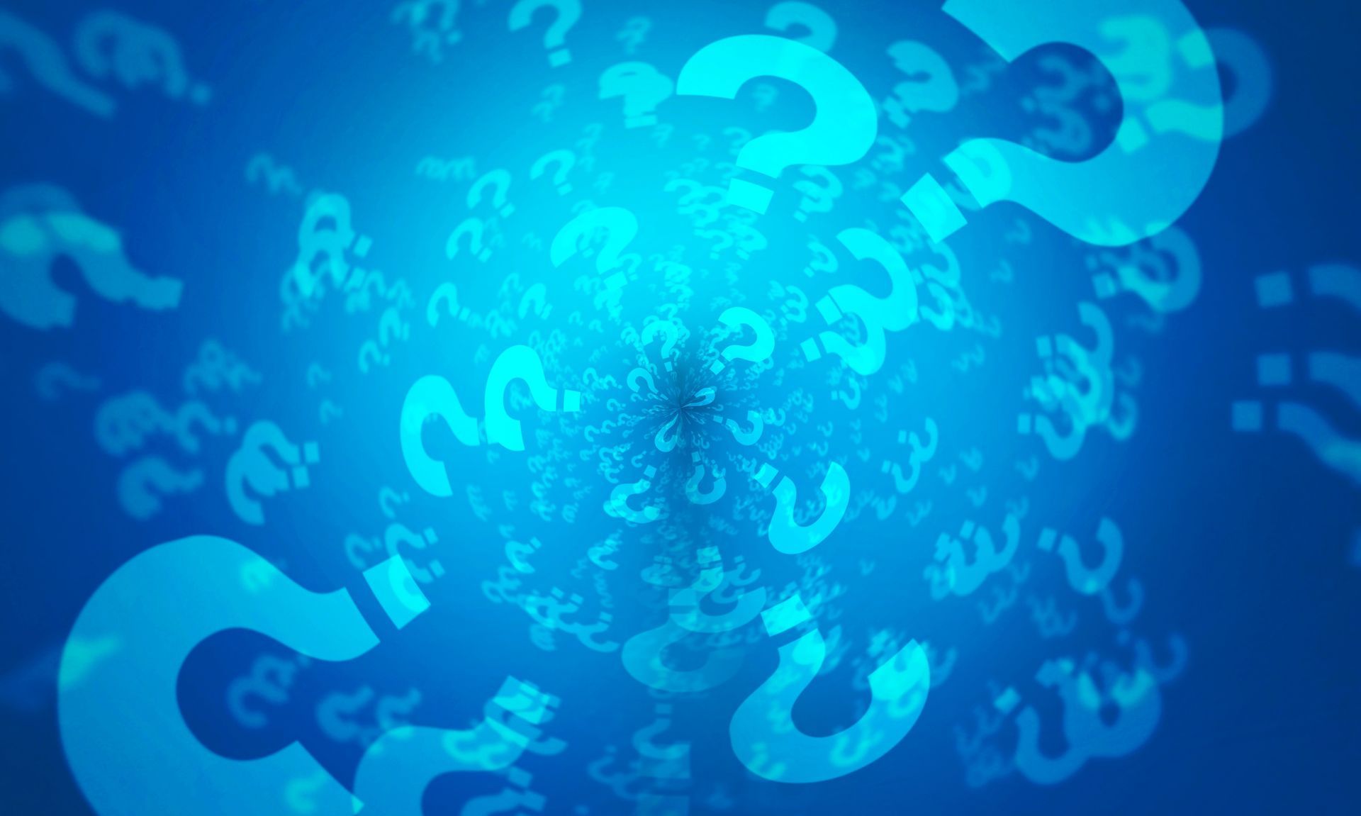 Fond bleu parsemé de points d'interrogation.