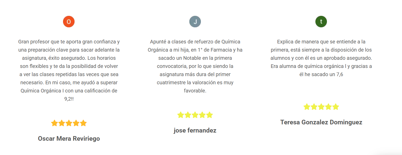 Una captura de pantalla de un sitio web que muestra tres tipos diferentes de reseñas.