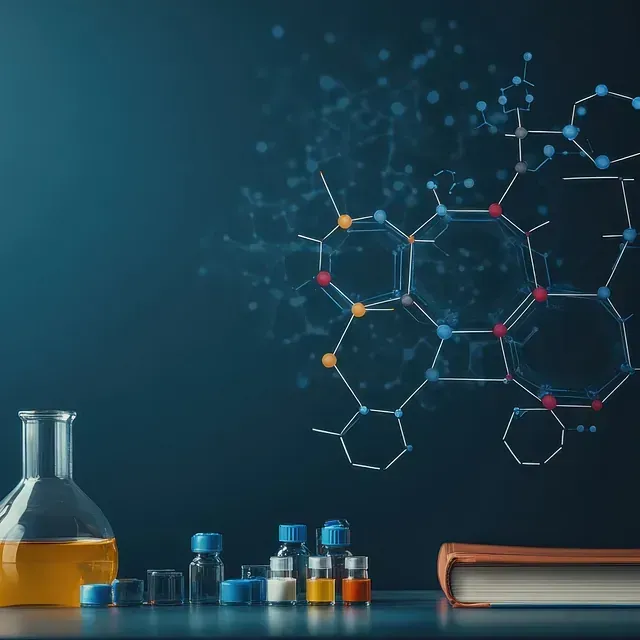 Una mesa con un libro, vasos de precipitados, botellas y un modelo de una estructura química.