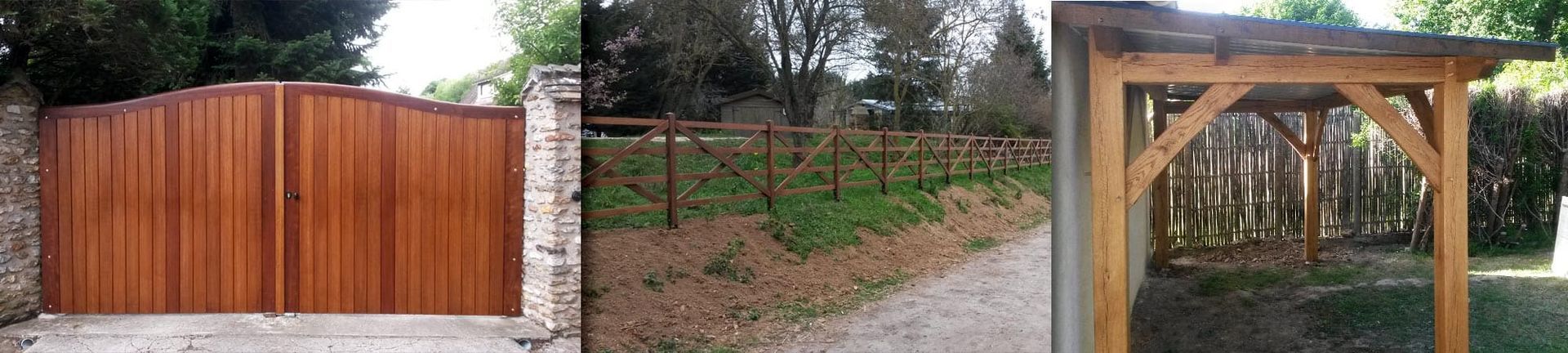 Un collage représentant un portail d'allée en bois, une clôture en bois à poteaux et traverses, et une structure de kiosque en bois dans un jardin.