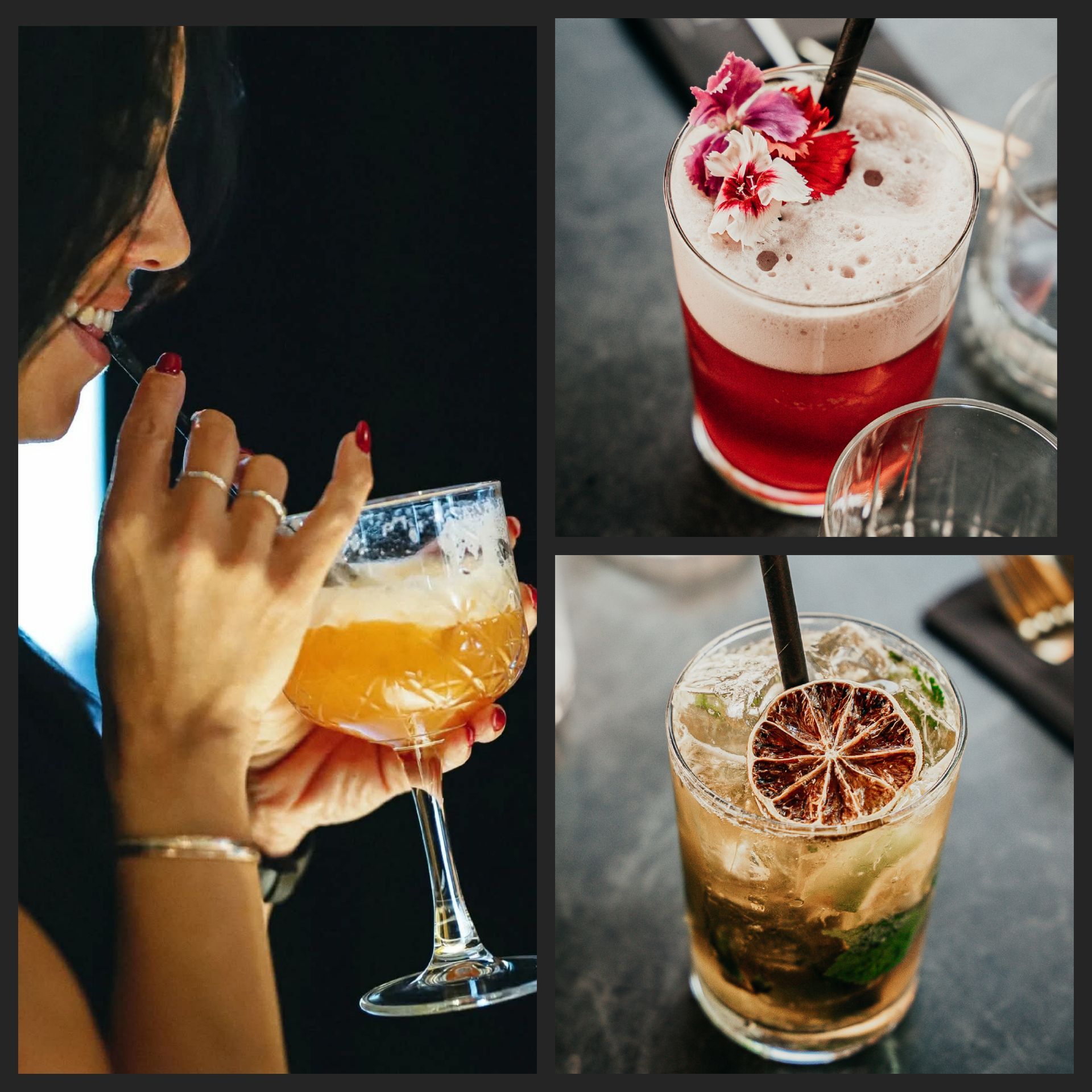 Femme sirotant un cocktail. D’autres cocktails sont disposés sur une table, l’un orné de fleurs, l’autre de citron vert.