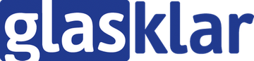 Ein blau-weißes Logo für Glasklar auf weißem Hintergrund