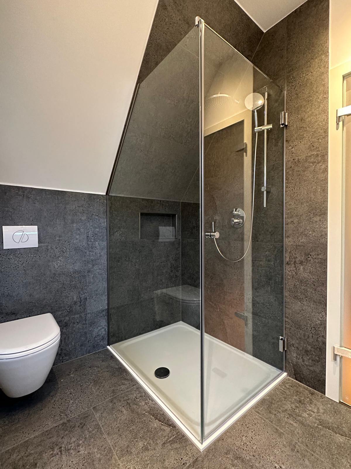 Ein Badezimmer mit ebenerdiger Dusche, mit Glaswand, und Toilette.