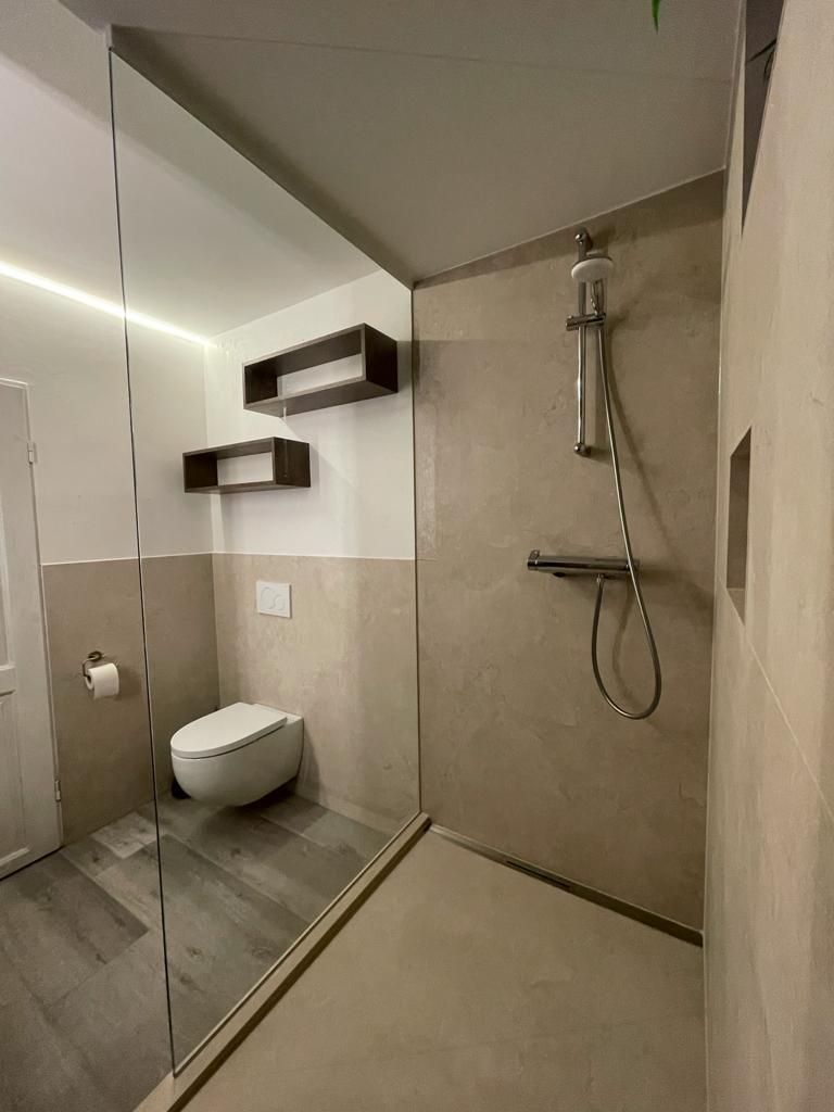 Ein Badezimmer mit Toilette, Dusche, mit Glaswand, und Spiegel.