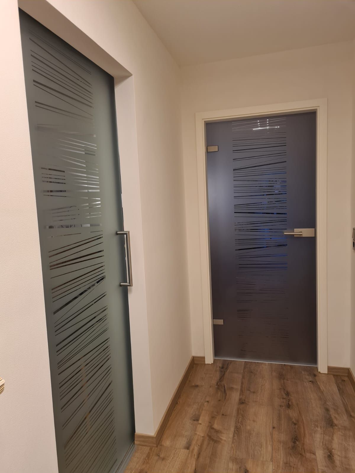 Ein Flur mit Glastür und Holzboden.