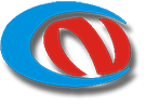Un logotipo azul y rojo con una sombra sobre un fondo blanco.