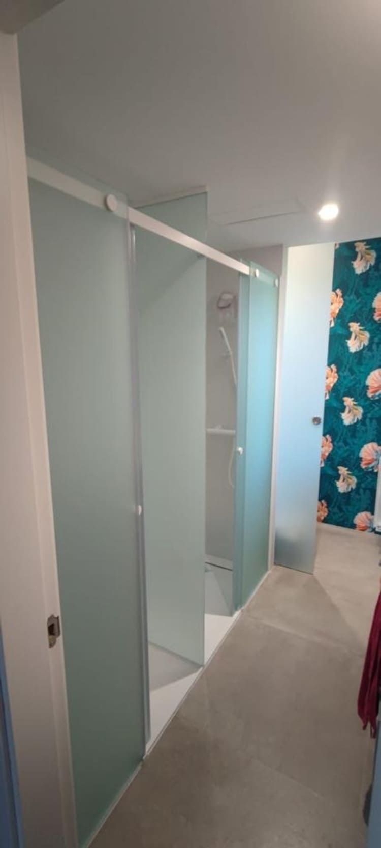 Un baño con puerta de ducha corrediza de cristal y un inodoro.