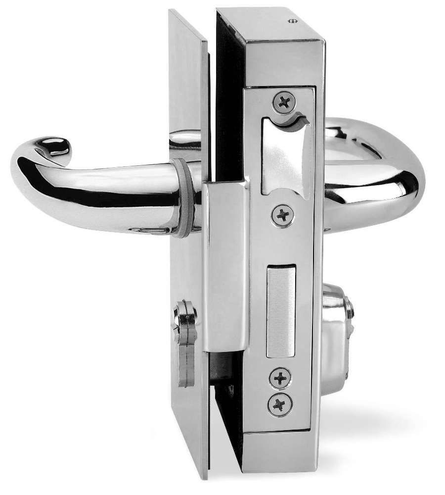 Un primer plano de una cerradura de puerta de acero inoxidable con manija.
