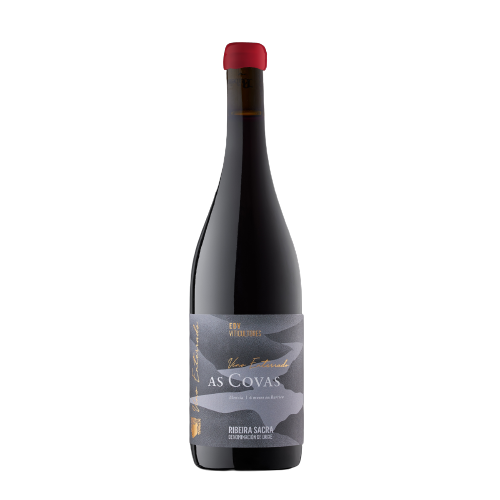 Una botella de vino de Covas con tapón rojo