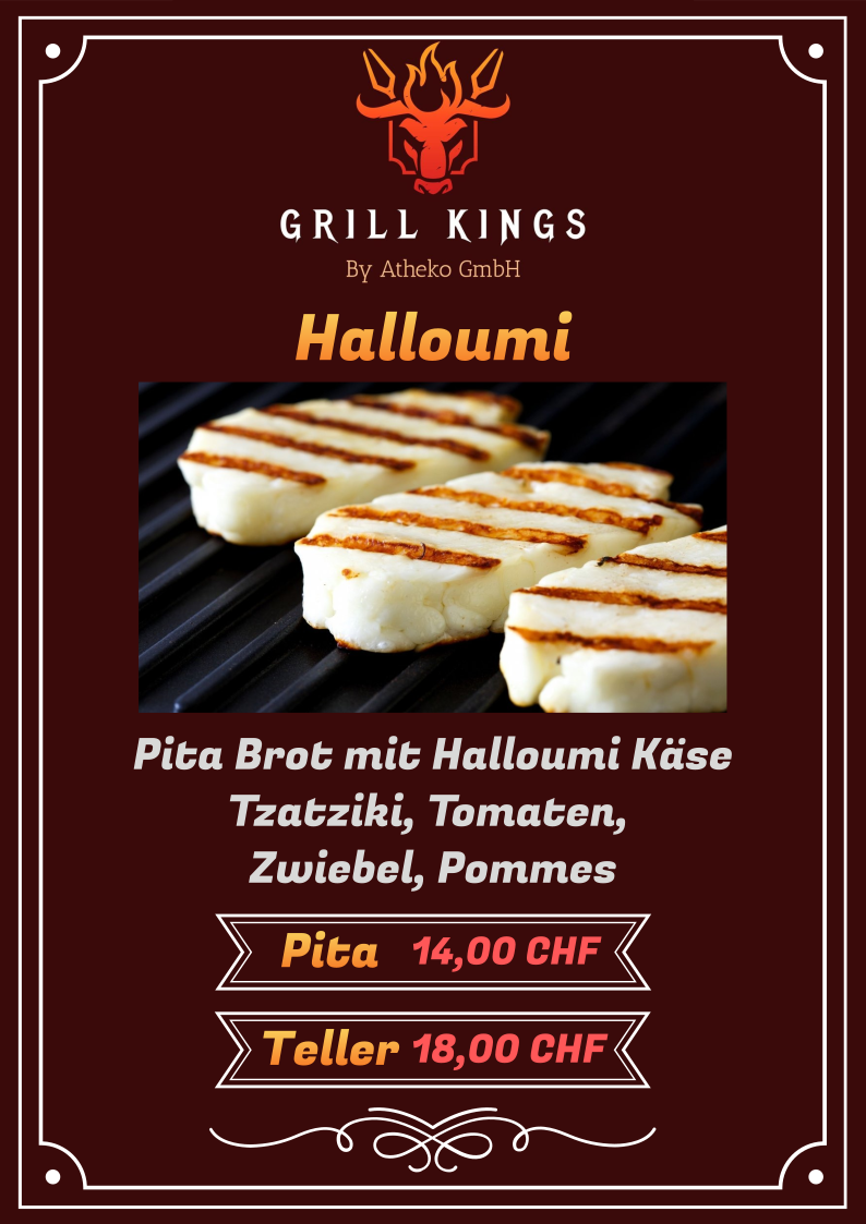 Menü für Grill Kings: Gegrillter Halloumi mit Pita, Tzatziki, Tomaten, Zwiebeln und Pommes frites.