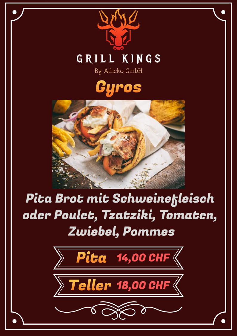Speisekarte für Grill Kings: Gyros im Pitabrot oder auf dem Teller; kostet 14 CHF bzw. 16 CHF.