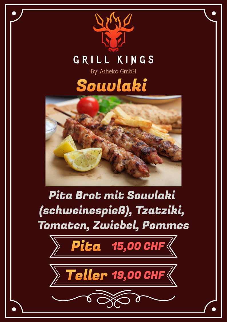 Menü für Grill Kings: Souvlaki, Pitabrot mit Fleisch, Tzatziki, Tomaten, Zwiebeln, Pommes frites, Pita