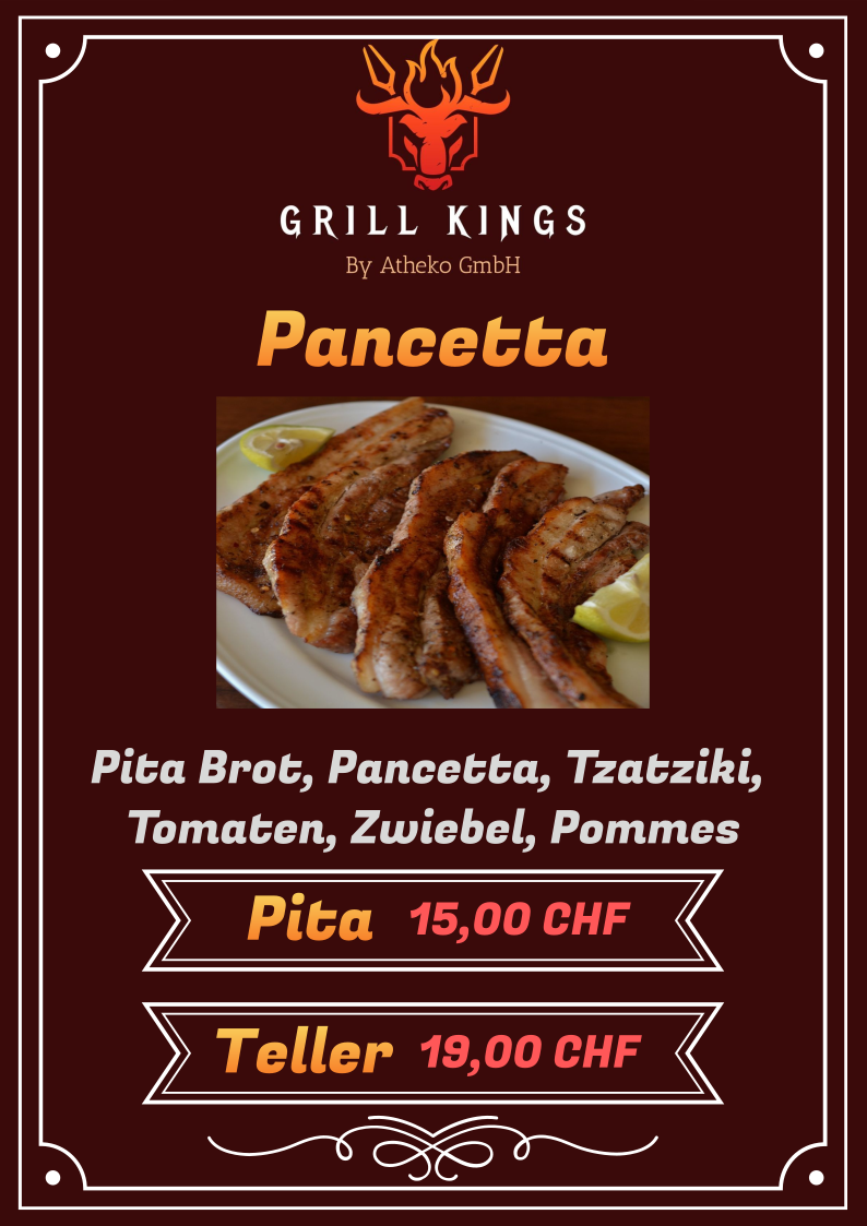 Speisekarte für Grill Kings: Pancetta-Gericht mit Bild, Preisangabe für Pita- und Teller-Varianten.