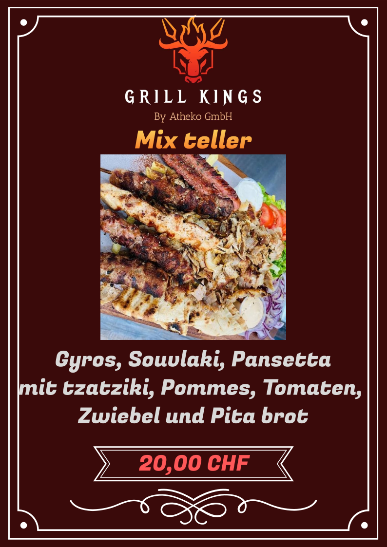 Speisekarte des Restaurants Grill Kings: Pommes, Tzatziki und Getränke. Dunkelbrauner Hintergrund mit Logo.