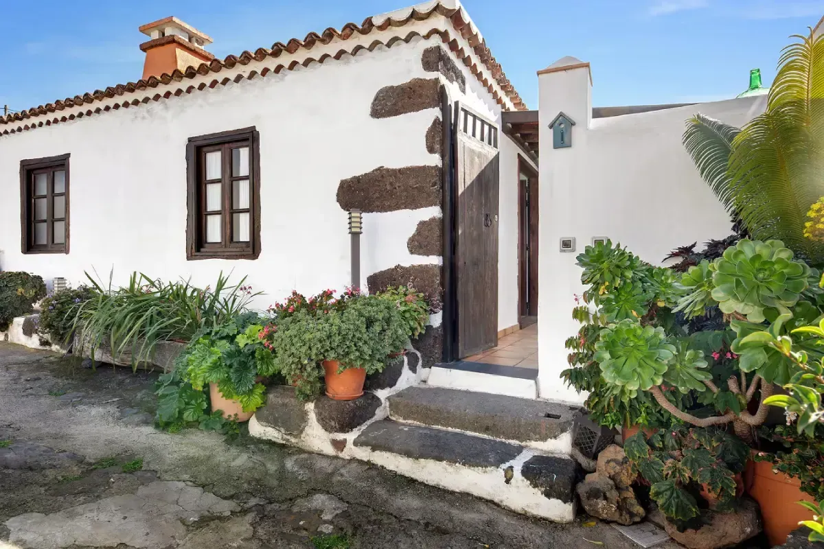 Casa blanca con detalles de piedra negra, puerta marrón y plantas en macetas.