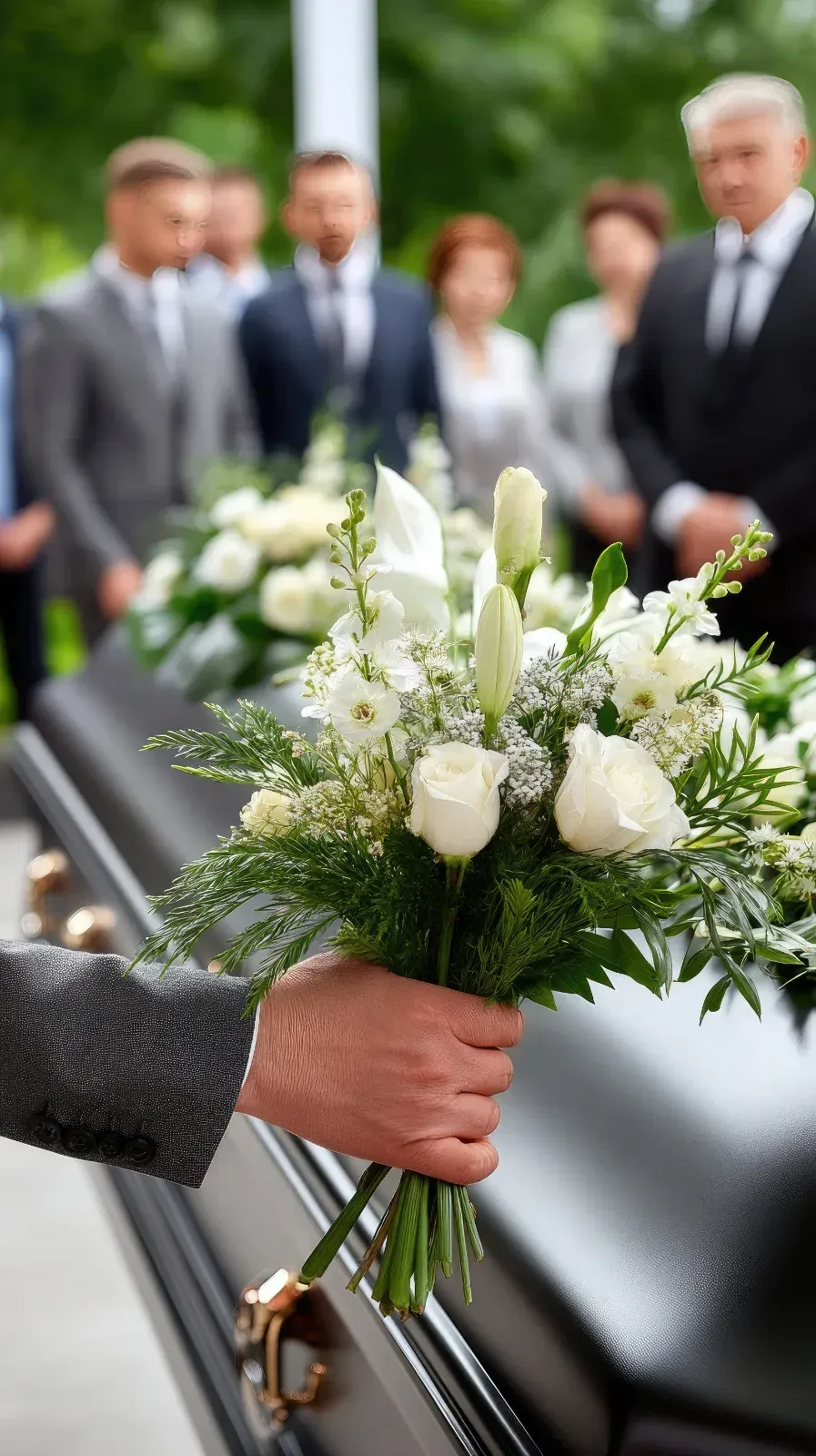 Person legt bei einer Beerdigung einen weißen Blumenstrauß auf einen schwarzen Sarg; Trauernde stehen im Hintergrund.