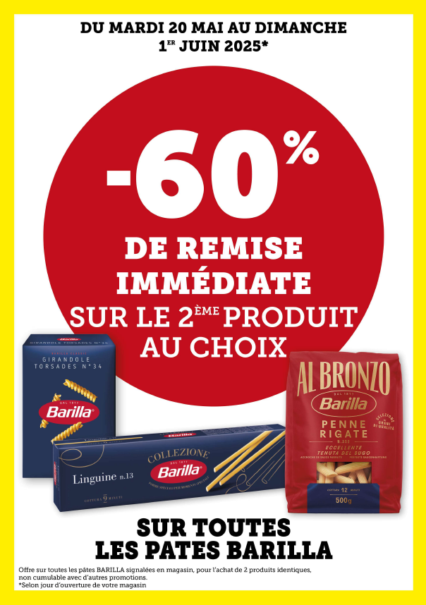 60 % de remise immédiate sur le second produit identique sur toutes les pâtes Barilla, offre non cumulable avec d'autres promotions.