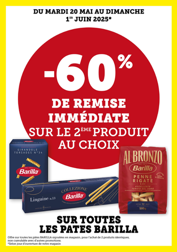 60 % de remise immédiate sur le second produit identique sur toutes les pâtes Barilla, offre non cumulable avec d'autres promotions.