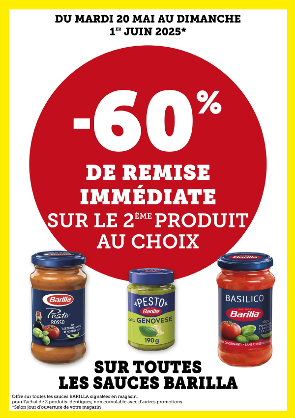 60 % de remise immédiate sur le second produit identique sur toutes les sauces Barilla, offre non cumulable avec d'autres promotions.