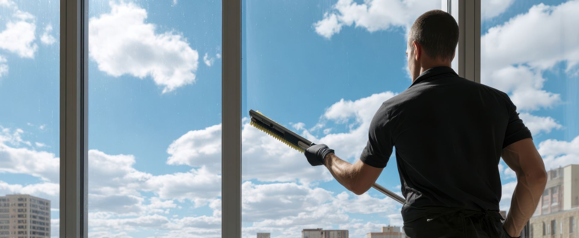 Un homme de dos qui nettoie une grande vitre.