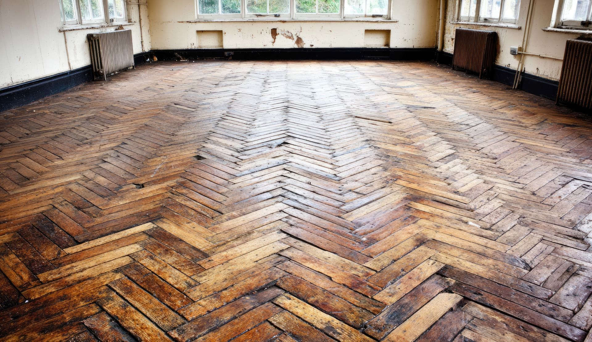 Un parquet avant son ponçage et dont certaines lames sont abîmées.