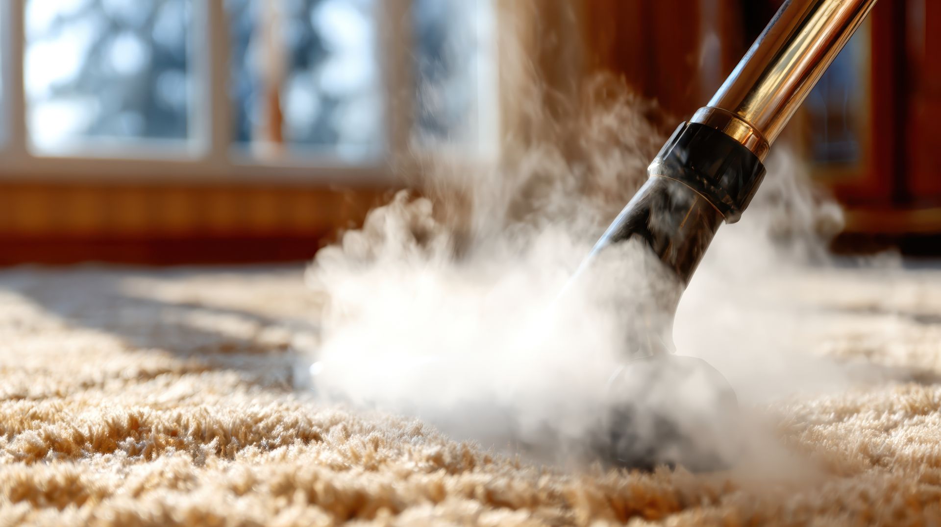 La buse d'un nettoyeur vapeur libère un nuage de vapeur blanche pendant le nettoyage d'un tapis clair et texturé à l'intérieur.