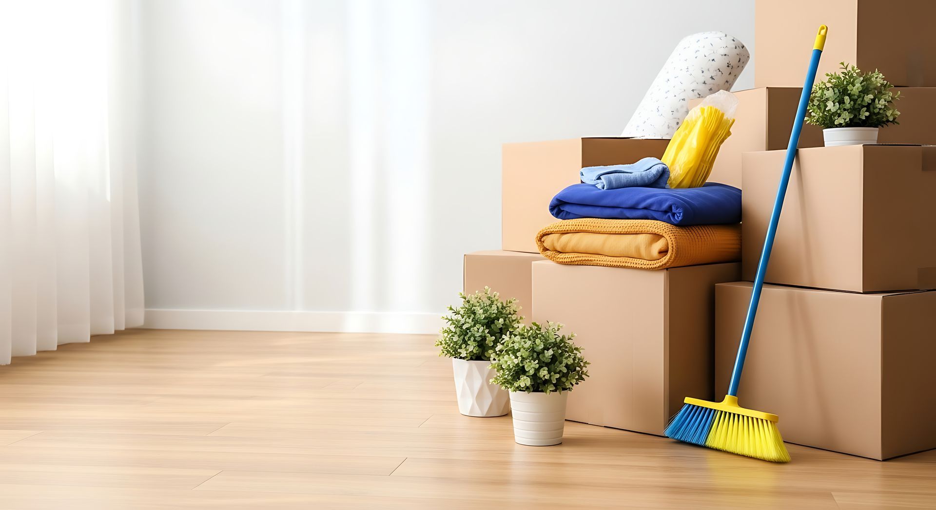 Une maison propre avec des cartons et des produits de nettoyage.