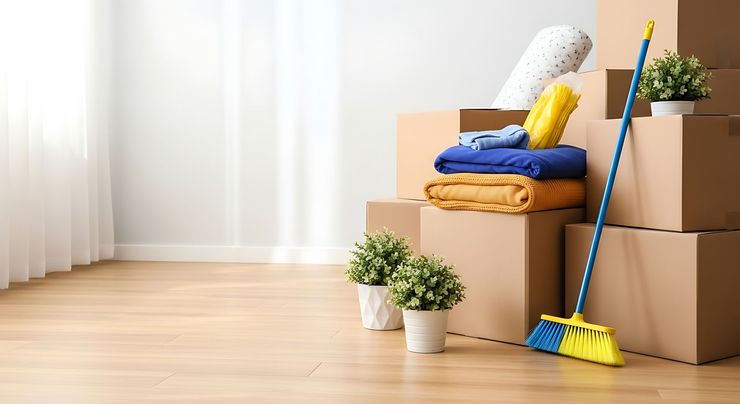 Une maison propre avec des cartons et des produits de nettoyage.