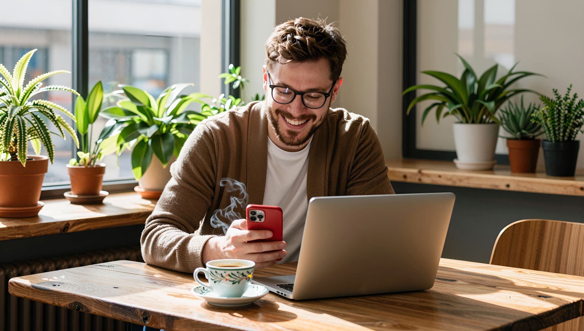 Un homme qui sourit en regardant son téléphone.